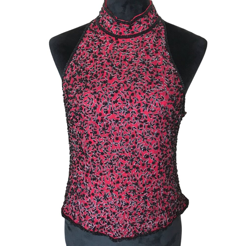 Papell Boutique Beaded Cropped Bare Shoulder High Neck Red Top Black Beading S-M